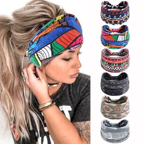 6Pzs Diademas para Mujeres Turbante anudado ancho Bandana Boho Pañuelos para la cabeza Bandas para el pelo Yoga Diademas de tela elástica Deporte Correr Pañuelos para la cabeza (Africa hairband)