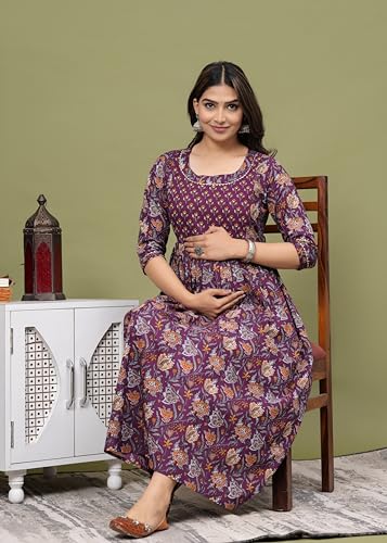 Image of Women's Pure Cotton All Over Printed Kurti Gown Feeding Dress Maternity Gown Feeding Nighty Kurti