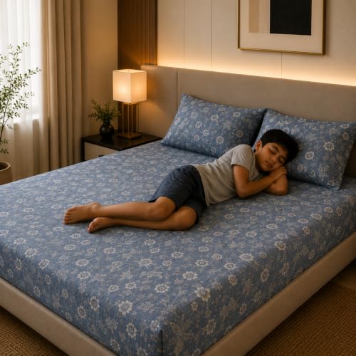 Image of Linen Home Cotton Percale Fitted Bedsheet Set Queen Size Floral Blue