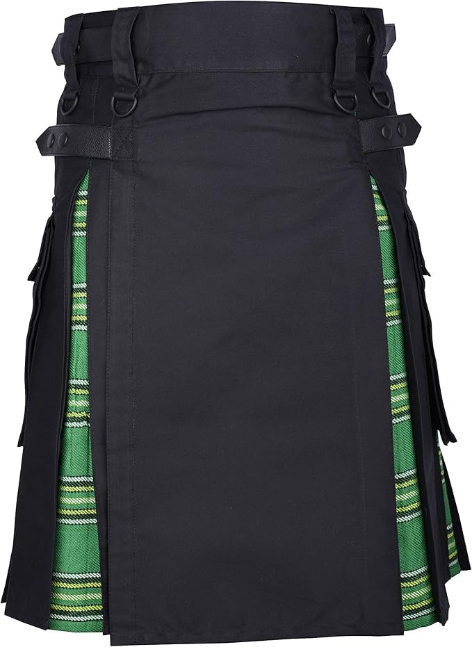 Men's Hybrid Leather Straps Black Cotton Utility Kilt, Black Cotton & Irish Tartan - Image 3