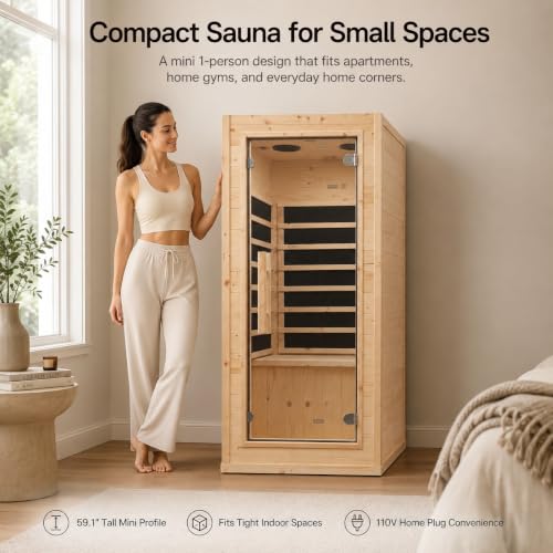 Mini Sauna 1 Person Far Infrared Sauna for Home, 4.9ft Space Saving Indoor Sauna with Front-Opening Glass Door, Natural Spruce Wood Dry Spa, 900W Rapid Warm-Up, Bluetooth, Cup Holder & LED Light - Image 5