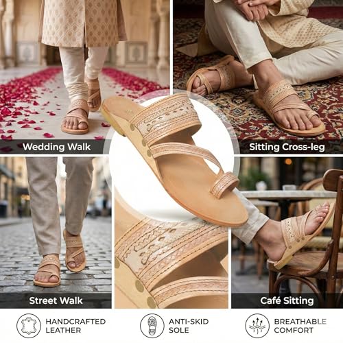 Image of Kolhapuri Chappal for Men Original, Pure Leather Handcrafted Traditional Kolhapuri Chappal for Man Formal Footwear for Weddings & Parties, Ethnic Wear & Daily Comfort
