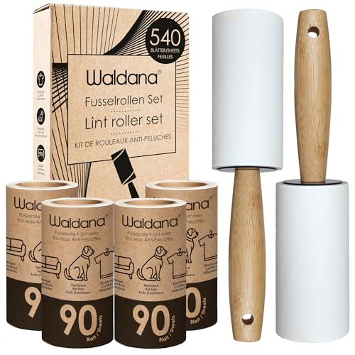 Waldana Fusselrolle - 6 Rollen je 90 Blatt (540 Blätter) mit 2 Bambusgriff Abrollern I Fusselrolle Tierhaare Kleidung Flusenroller Lint Roller Kleiderroller Tierhaar Katzenhaar Hundehaar