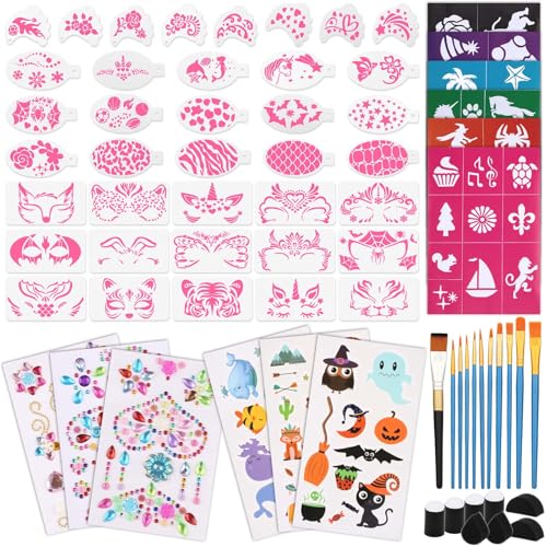 Kit pochoirs de peinture faciale haute précision avec pinceaux et strass