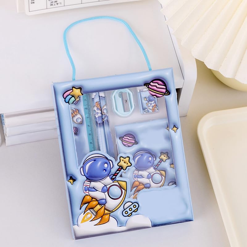 Image of 6-Piece Creative Stationery Set, Complete Set of Learning Supplies, Portable Stationery Gift Box Six in One, Suitable for Birthday Gifts, Daily Writing, Artistic Handicraft Use(Astronaut Set-Blue)