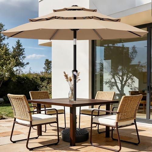 Image of AreShark 9ft 3-Tier Patio Umbrellas, Outdoor Umbrella with 8 Sturdy Ribs UV Protection Windproof, Market Table Umbrella w /Push Button Tilt & Crank for Pool, Porch, Deck, Garden(Beige)