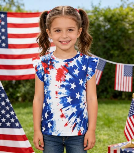 Image of Tkria Girls 4th of July Tank Tops Red White and Blue Shirt Toddler Girl American Flag Patriotic Outfit 2-7 Years