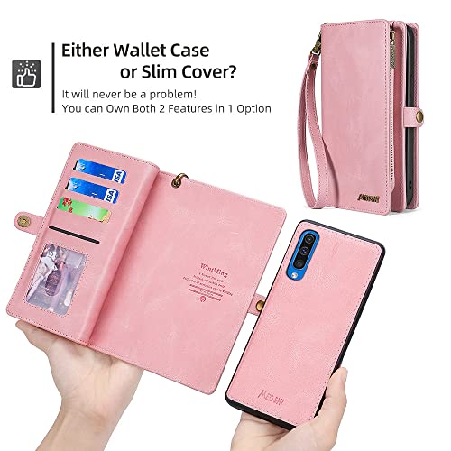 Asuwish Phone Case For Samsung Galaxy A50 A50S A30S Zipper Wallet Detachable Cover With Tempered Glass Screen Protector And Leather Flip Card Holder Cell A 50 50S 30S S50 50A Sm A505G Women Men Pink #TOP3