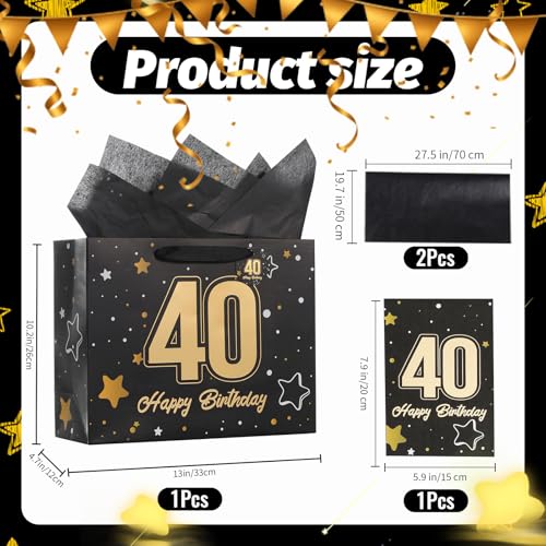 Image of Powbrace 13 inch Black 40th Birthday Gift Bag with Tissue Paper and Greeting Card for Party,Happy Birthday Gift Bag for Men Women,Gift Bags Medium size(1 Black 40th)