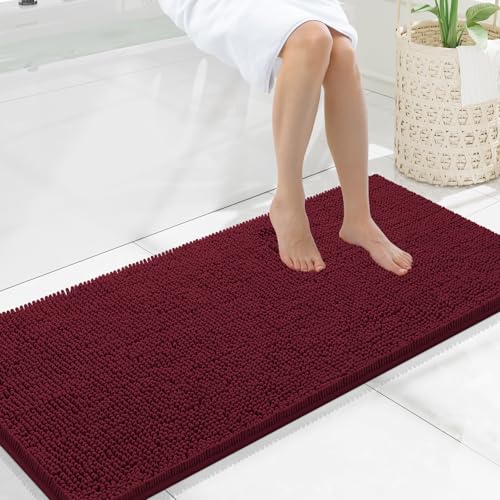 Smiry Luxury Chenille Bathroom Rugs 47x20, Extra Soft and Absorbent Shaggy Bath Mat, Machine Washable, Non-Slip Plush Carpet Runner for Tub, Shower, and Floor, Home Decor Accessories, Burgundy