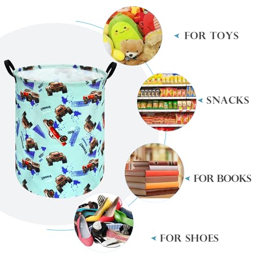 Image of Round Car Truck Laundry Hamper Storage Basket Fabric Material Storage Hamper Organization Basket, Storage Bin, Gift Box with Handles for Room