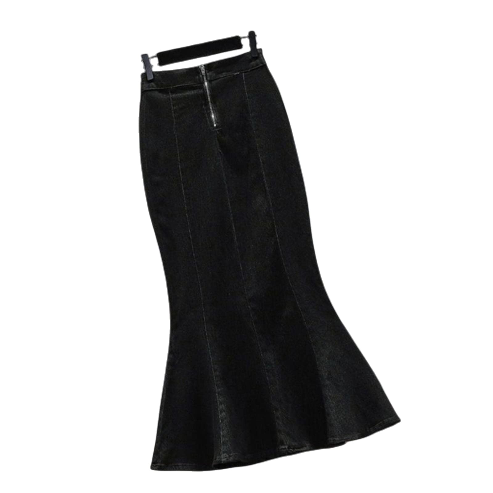 Jupe longue taille sirène en jean pour femme - Jupe d'été trompette fendue - Jupe longue style femme - Jupe mi-longue évasée, Noir , 44