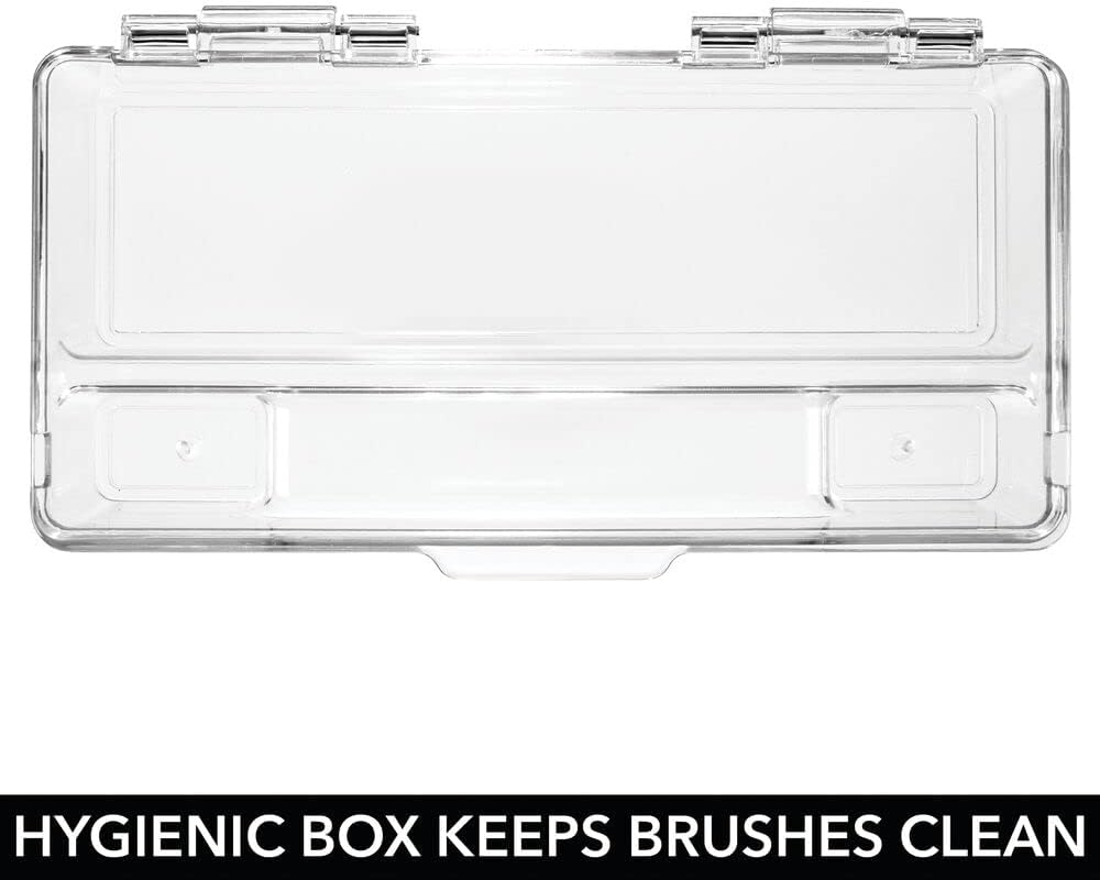 mDesign Plastic Toothbrush Holder, Storage Organizer Bin for Bathroom Vanity, Cabinet, Closet, Drawer - Holds Electric Toothbrush, Toothpaste, Dental Floss, Teeth Whitening Strips - Hinged Lid - Clear : Home & Kitchen