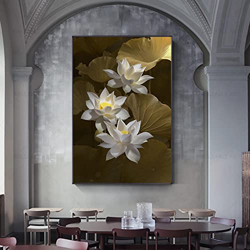 Toile peinture artistique KEBIA motif feuille lotus blanc poster minimaliste scandinave
