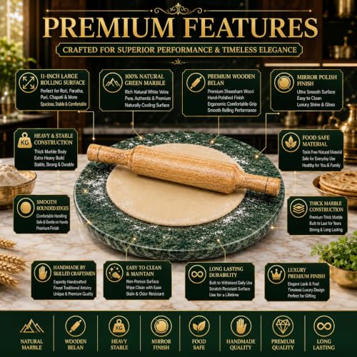 Image of Luxe Craft Green Marble Chakla Belan 11 Inch | Heavy Stone Roti Maker Board | Handmade Chapati Rolling Board for Kitchen | Premium Marble Roti Chakla for Chapati, Puri, Paratha & Baking Dough