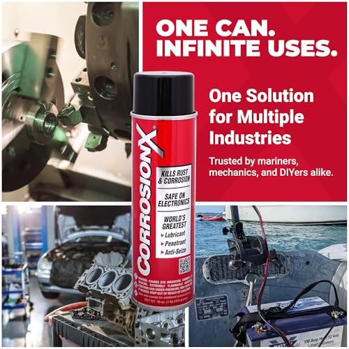 CorrosionX Rust Inhibitor, Industrial-Strength Dielectric Corrosion Prevention, Lubricant & Penetrant for Marine, Automotive, Electronics & RV Use, Protects Bolts, Cables, Engines, Parts, 16oz Aerosol