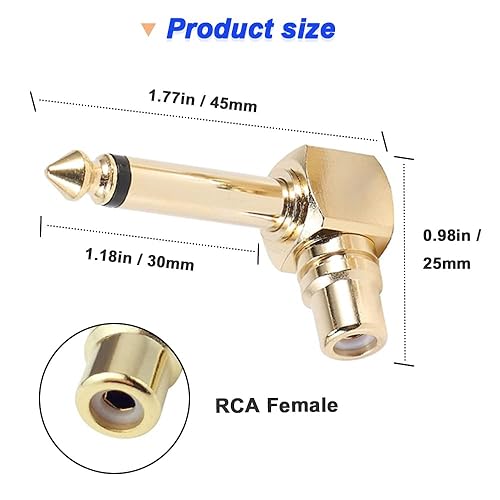 Miniatura 3 de Adaptador de audio RCA a 14 pulgadas, conector de micrófono mono macho de 90 grados de 0.250 in a conector hembra RCA, conector de cobre puro