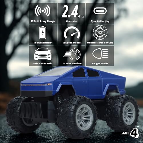 Image of Popsugar Off Roader Rechargeable Remote Control Car | RC Car Monster Truck | 4 Headlight Modes | Lithium Battery | C-Type Charging | 2.4GHz Remote Controller | Made in India,Blue