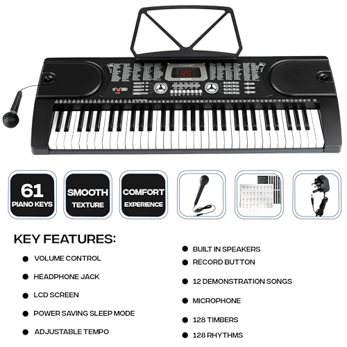 Crystals 61-Key Electric Keyboard Digital Piano Instrument Set with Microphone, Double Braced Adjustable Stand & Padded Stool - Portable Keyboard for Beginner Musicians - Black - 4
