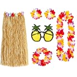 6 Pièces Tenue Hula Hawaïenne pour Femme, Costume de Fête et Carnaval, Composé de Collier Floral, Lunettes Ananas et Jupe en Paille, Accessoires pour Soirée Tropicale Luau, Plage et Anniversaire