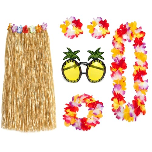 6 Pièces Tenue Hula Hawaïenne pour Femme, Costume de Fête et Carnaval, Composé de Collier Floral, Lunettes Ananas et Jupe en Paille, Accessoires pour Soirée Tropicale Luau, Plage et Anniversaire