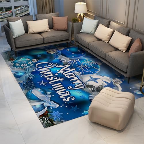 Tapis doux et lavable Noël 160x230cm bleu antidérapant maison