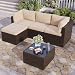 Aoxun Gartenmöbel Set Polyrattan 3-teilig mit 7,5cm dicken Kissen & Glas-Couchtisch, wetterfeste Gartenlounge outdoor mit extra langer 196cm Sitzbank, stabiler Balkon Terrassen Außenmöbel Satz (Khaki)