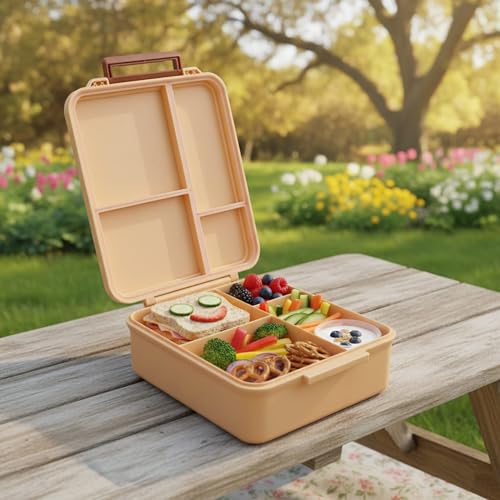 Image of Bento Mega Lunch Box, carrying handle - 4 No-Mix Compartments | Microwave & Dishwasher Safe | for Adult, Preschool, School 1600ML, OZ (Orange Light Peach)