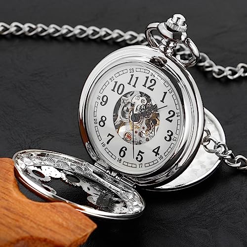 Image of Classic Silver Mechanical Pocket Watch, Roman Numerals Silver Pocket Watch with Chain Box for Men