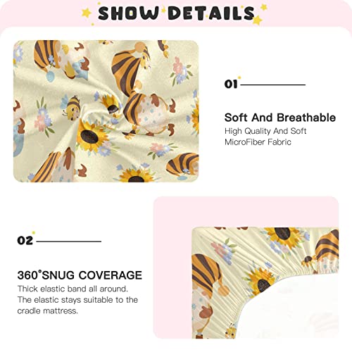 Image of Fitted Crib Sheets Cute Gnomes Bees Stretchy Portable Playard Sheets for Baby Toddler, Breathable Soft Mini Crib Mattress 52 x 28 in for Boys and Girls