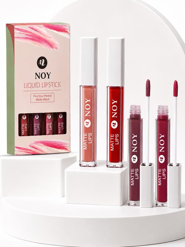 Image of Noy Liquid Lipstick Waterproof Velvet Smooth Matte for a Flawless Finish - Creamy Nude, Red Magenta, Dark Maroon, Red Wine Shades Pack of 4
