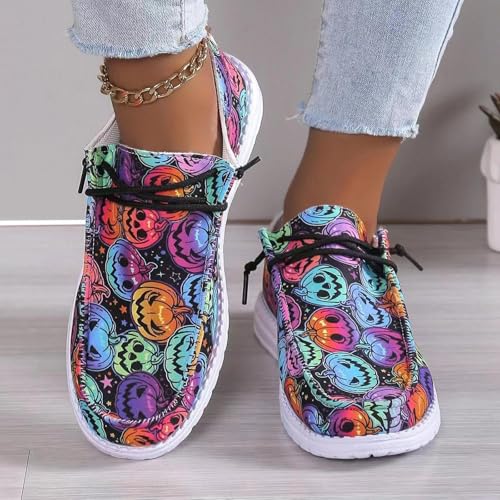 Women's Fashion Halloween Canvas Sneakers 2025,Halloween Pumpkin Ghost Print Flat Sports Shoes for Women, Slip-On Flats Low Top Lace up Walking Breathable Comfortable Canvas Sneakers2