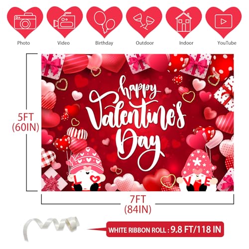 Image of Valentine's Day Backdrop, 7x5FT Red Love Heart, Polyester, Valentine's Day Occasion, Includes 118Inch Rope