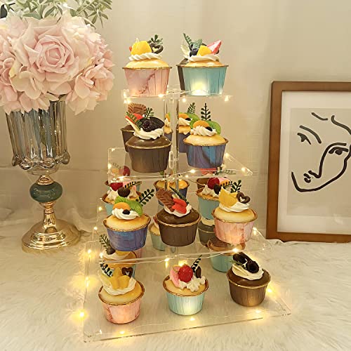 Cake Stand, 4 Tier Cupcake Stand,Square Cupcake Holder, Cupcake Display Stand,Acrylic Cake Stand Dessert Tower Serving Platter For Party Thanksgiving Christmas(Yellow Lights) Brittany #TOP2