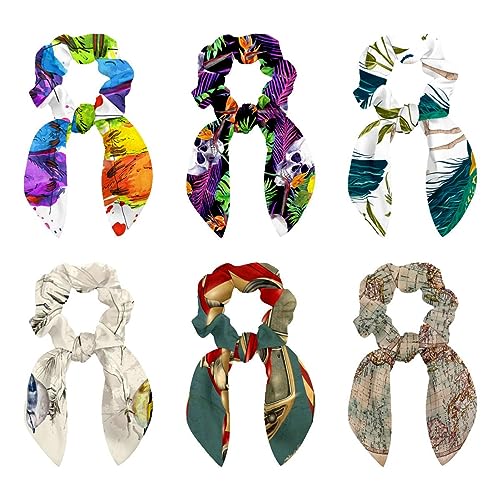 6 Pcs Hair Scrunchies -Tropical Skull Palm Floral Pattern Hair Scarf Scrunchy with Ribbon Bow, Elastic Hair Ties Ponytail Holders for Women Teenage Girls