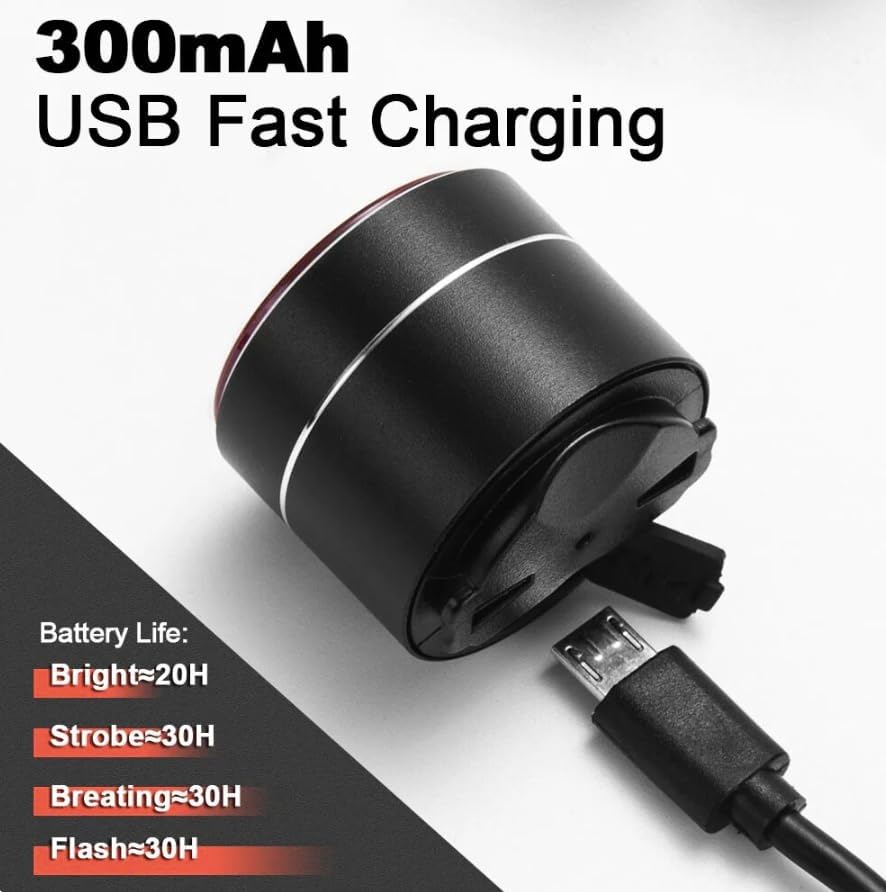 Antusi Q3 Tail Light connected to a USB-C charging cable, with battery life estimates for different modes.