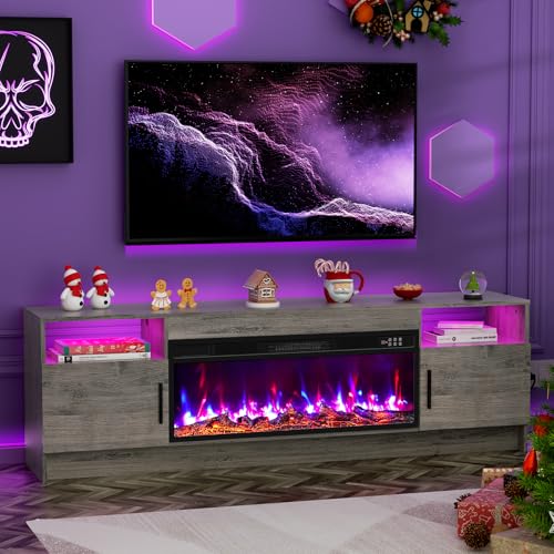 For 65-80 Inch Tv-entertainment Center With 36'' Log Fireplace And Led Light- Storage Cabinet, High Glossy Door, Tv Console For Living Room, 70" Oak Grey