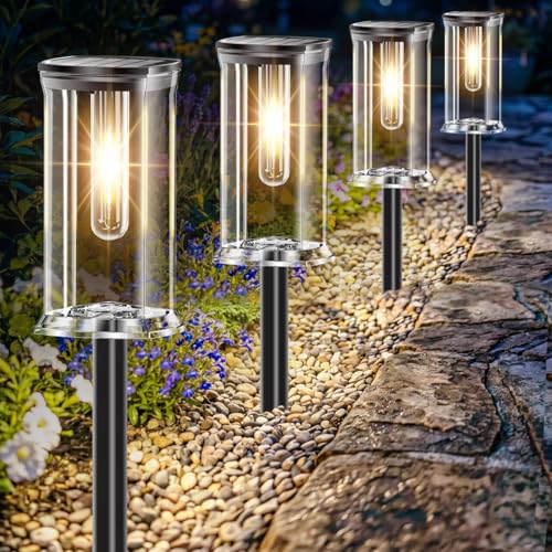 MAOKOT 12 Pack Solar Lights Outdoor,Solar Pathway Lights Waterproof GardenLight, Solar Lights Pathways LED Landscape Lighting for Walkway, Driveway, Path, Yard, Patio Decor, Warm White
