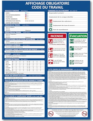 Panneau Code du Travail 2026 - Affichage Obligatoire A3 (40x29.7 cm) en PVC Écologique 1 mm - Résistant aux UV, Surface Mate Antireflet