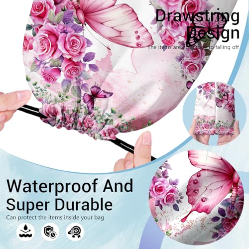 Image of Butterfly Floral Gymnastics Drawstring Bag Small Gymnastics Gym Bag for Gymnasts Dancer Holding