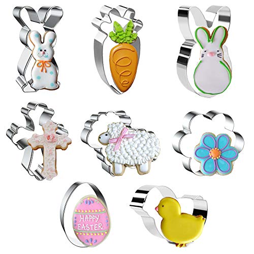 Easter Cookie Cutter Set 8 Pcs Easter Cookie Cutters Egg Bunny Rabbit Carrot Flower Cross Sheep Chick Stainless Steel Biscuit Cutters for Easter Biscuits
