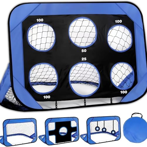 Portería de Fútbol 4 en 1 para Niños – 120×80 cm con 2 Redes Intercambiables (6 Agujeros y Cruz) + 3 Dianas de Entrenamiento – Pop Up Plegable y Portátil con Bolsa de Transporte para Jardín,Playa