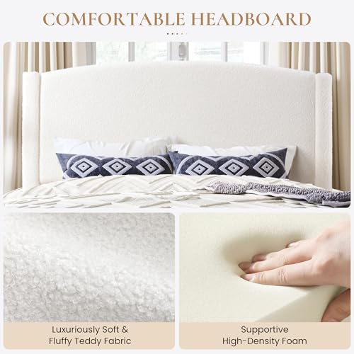 SHA CERLIN Soft Teddy Fabric Bed Frame Queen Size, Curved Headboard, White - Image 4