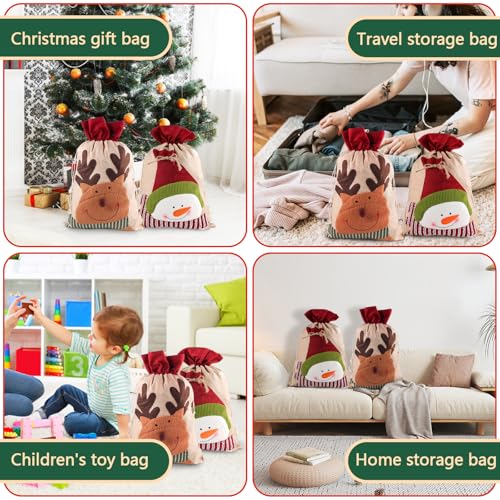 SneiDr 2 Stück Geschenkbeutel Weihnachten Mit Kordelzug 50×34 cm weihnachtsbeutel stoff aus Kurzplüsch mit Rentier Schneemann groß wiederverwendbar ideal für Geschenkverpackung Party Deko Feiertage