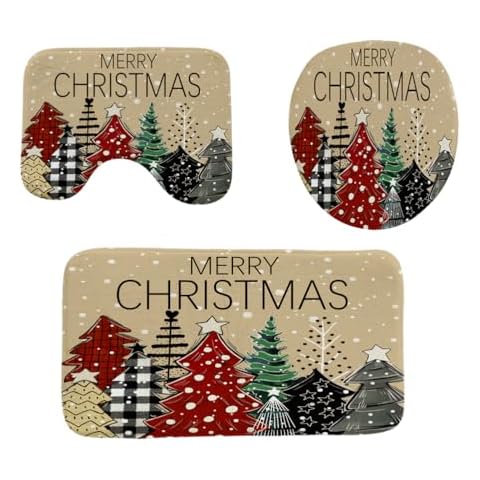 Wencal Christmas Trees Farmhouse Bath Rug Mat Toilet Lid Cover Sets Merry Xmas Holiday Bathroom Decor Cover