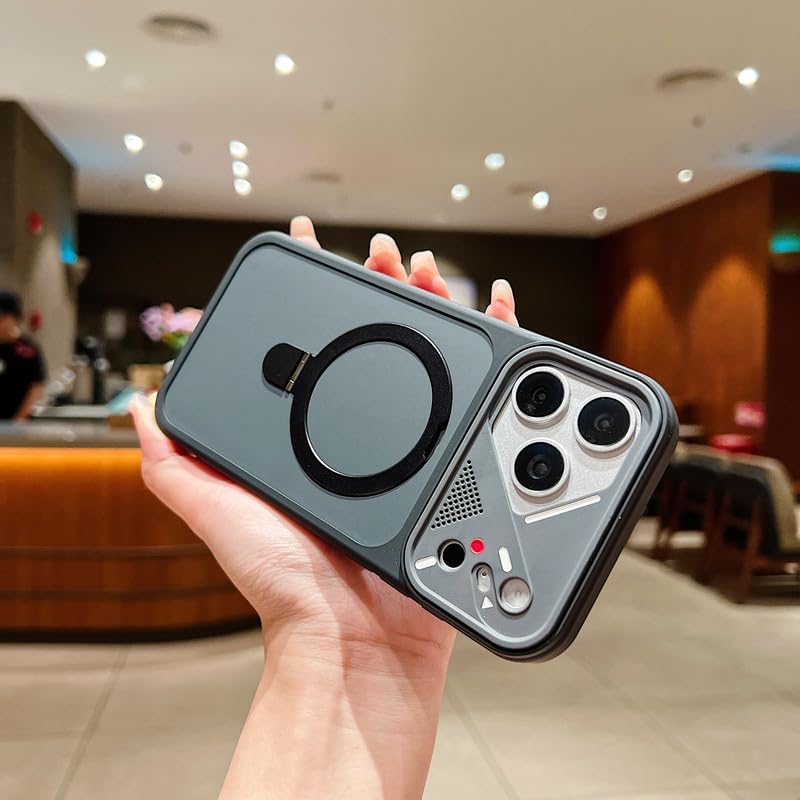 Image of LuxuryKase Magnetic Shockproof Case for iPhone 17 Pro Max | Foldable 110 Metal Ring Kickstand | Matte Finish | Futuristic Camera Shield Design | Slim Profile & MagSafe Compatible - Black