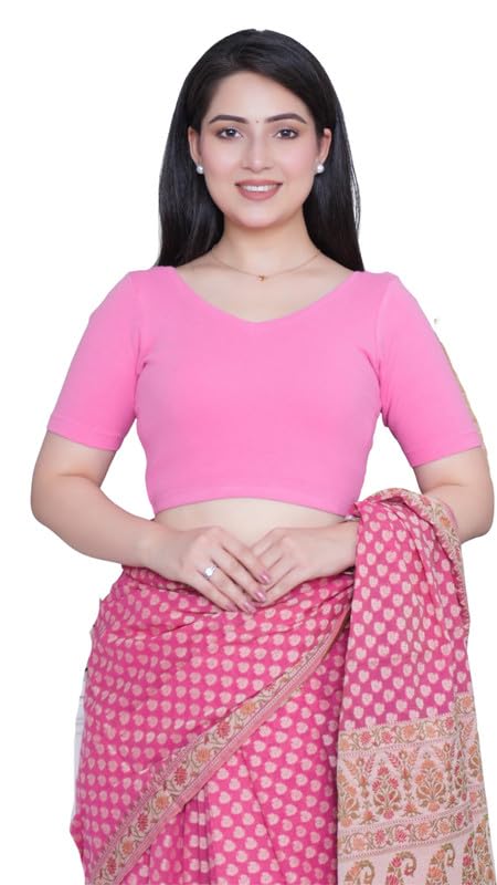 Image of Mlada V-Neck Stretchable Saree Blouse Top for Women | Slim Fit Short Sleeves Solid Cotton Blouses | Readymade Saree Blouses for Women Festive & Ethnic | Blouse Crop Top