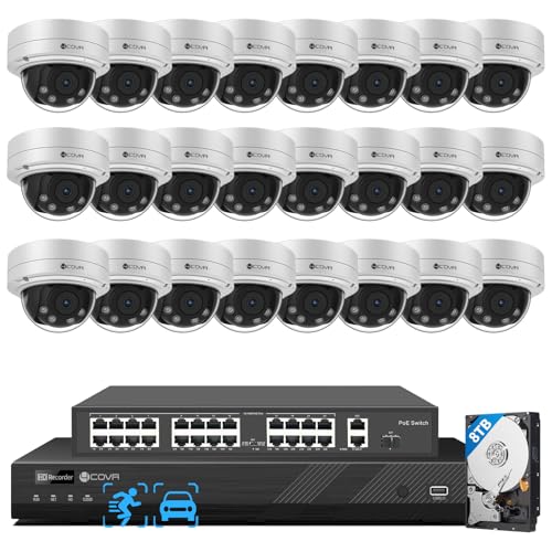 4COVR PoE AutoFocus 32 Channel Security Camera System AI Person Vehicle Detection, 24x 8MP 5X Optical Motorized Zoom IK10 Vandal-Proof Dome IP Camera IP67 with Mic, 4K UHD NVR 8TB HDD, LY57B