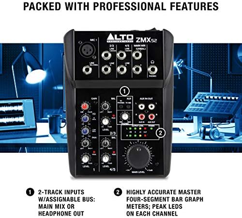 ALTO Professional ZMX52 - Studio Quality 5 Channel Compact Audio Mixing Desk with an XLR Microphone Input, 2 Stereo Inputs and an Aux Output