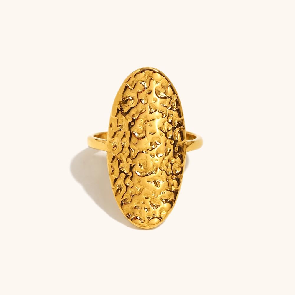 Adjustable Oval Hammered Statement Ring, 18K Gold Plated Stainless Steel Open Band, Textured Chunky Ring for Women, French Vintage Style - Image 4